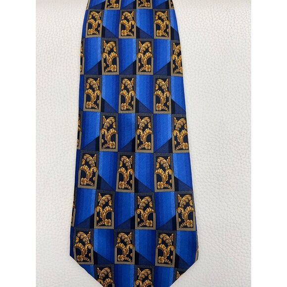 Lanvin Paris Men Blue Gold Art Deco Print Silk Neck Tie - Picture 1 of 4